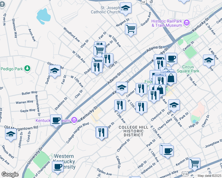 map of restaurants, bars, coffee shops, grocery stores, and more near 123 East 12th Avenue in Bowling Green