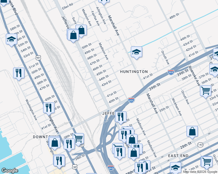 map of restaurants, bars, coffee shops, grocery stores, and more near 633 42nd Street in Newport News
