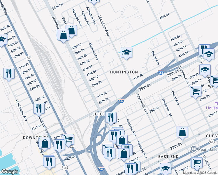 map of restaurants, bars, coffee shops, grocery stores, and more near 4107 Madison Avenue in Newport News