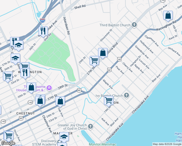map of restaurants, bars, coffee shops, grocery stores, and more near 1700 Virginia 143 in Newport News