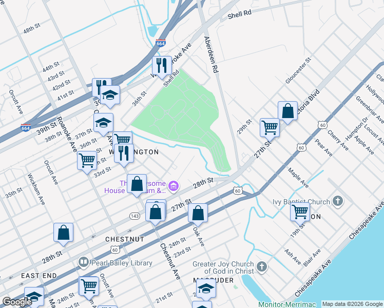 map of restaurants, bars, coffee shops, grocery stores, and more near 1379 29th Street in Newport News