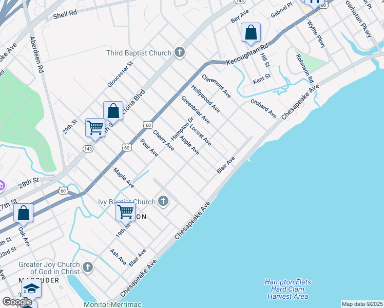 map of restaurants, bars, coffee shops, grocery stores, and more near 101 Apple Avenue in Hampton