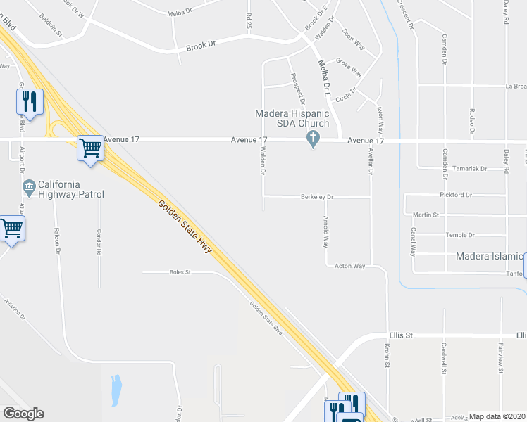 map of restaurants, bars, coffee shops, grocery stores, and more near 11015 Walden Drive in Madera