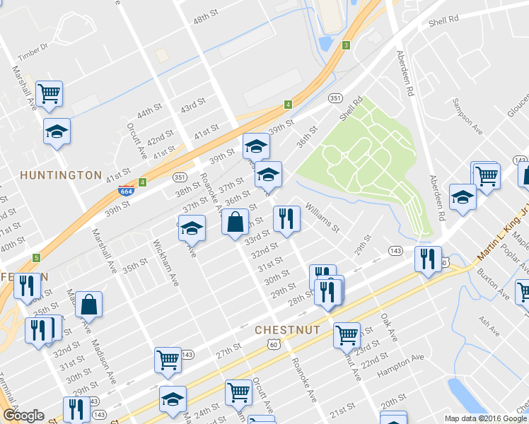 map of restaurants, bars, coffee shops, grocery stores, and more near 1151 34th Street in Newport News