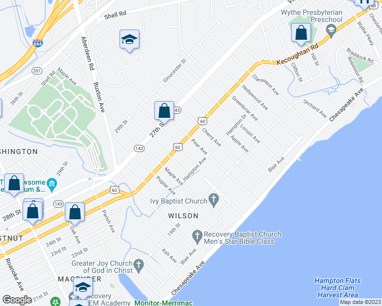 map of restaurants, bars, coffee shops, grocery stores, and more near 218 Hickory Avenue in Newport News