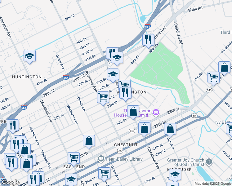 map of restaurants, bars, coffee shops, grocery stores, and more near 1151 34th Street in Newport News