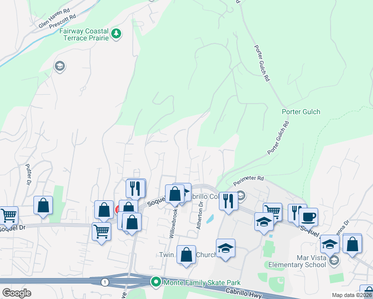 map of restaurants, bars, coffee shops, grocery stores, and more near 3185 Corte Cabrillo in Aptos