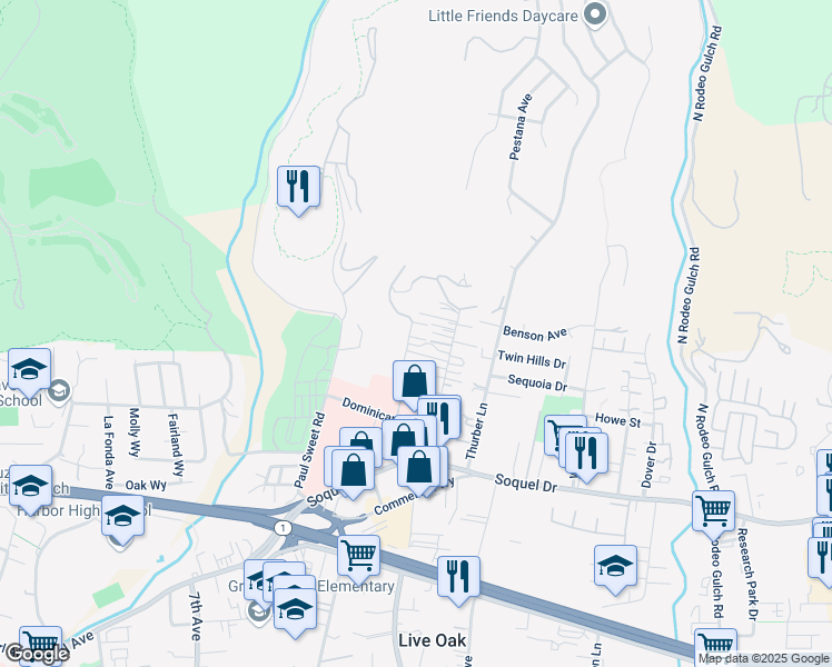 map of restaurants, bars, coffee shops, grocery stores, and more near 3378 Houts Drive in Santa Cruz