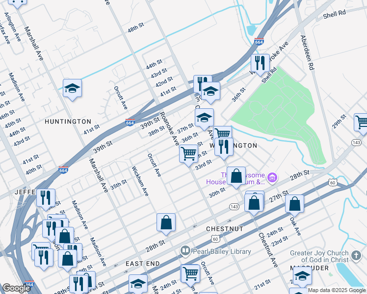 map of restaurants, bars, coffee shops, grocery stores, and more near 3506 Roanoke Avenue in Newport News