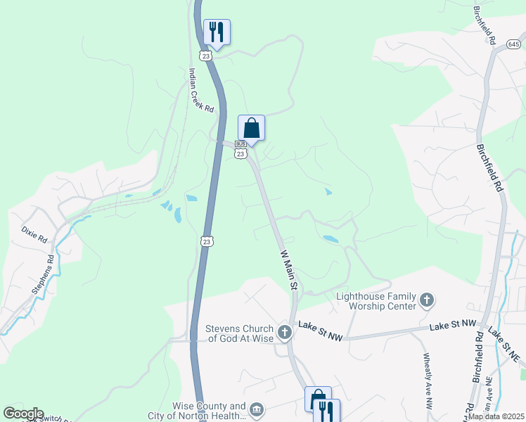 map of restaurants, bars, coffee shops, grocery stores, and more near 6533 West Main Street in Wise