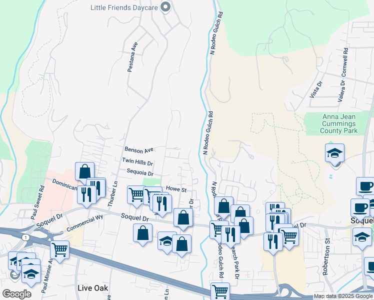 map of restaurants, bars, coffee shops, grocery stores, and more near 3513 Dover Drive in Santa Cruz