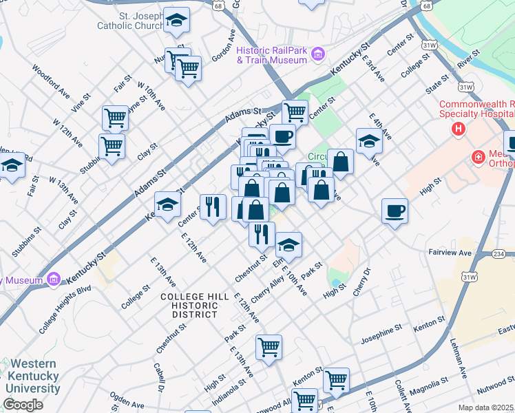 map of restaurants, bars, coffee shops, grocery stores, and more near 415 Park Row in Bowling Green