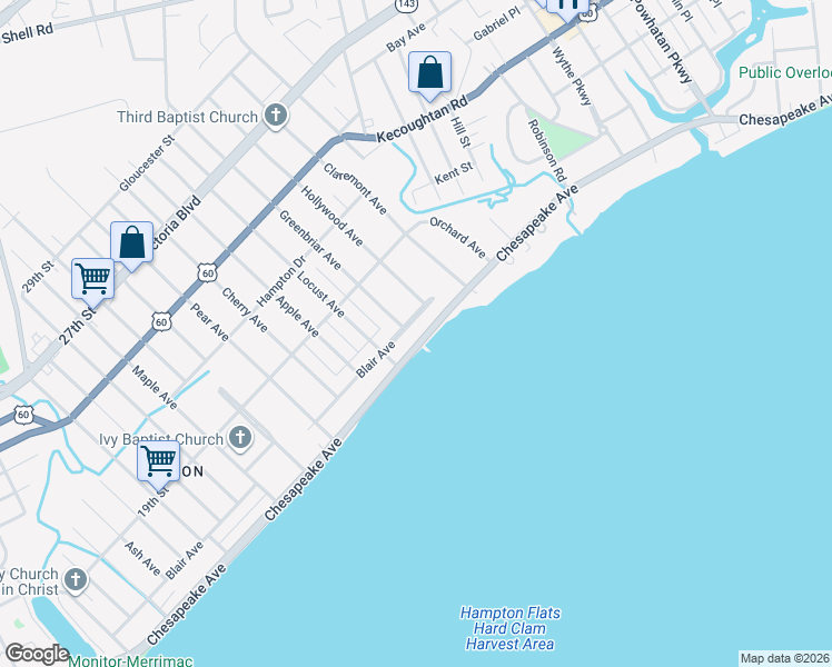 map of restaurants, bars, coffee shops, grocery stores, and more near 1101 Chesapeake Avenue in Hampton
