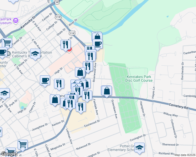 map of restaurants, bars, coffee shops, grocery stores, and more near 1101 Brockley Way in Bowling Green