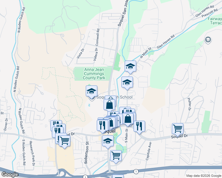 map of restaurants, bars, coffee shops, grocery stores, and more near 405 Soquel San Jose Road in Soquel