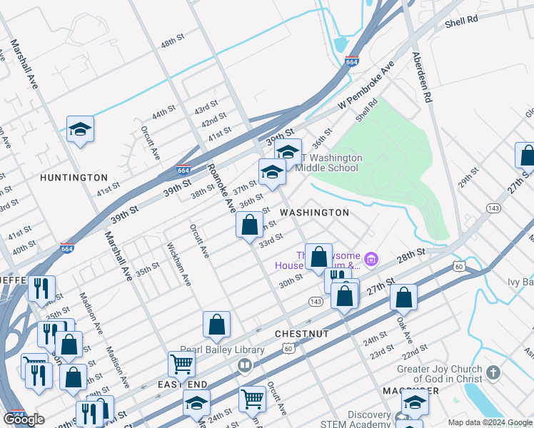 map of restaurants, bars, coffee shops, grocery stores, and more near 1136 35th Street in Newport News