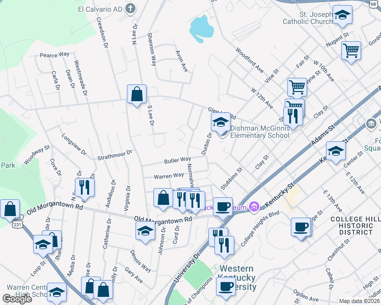map of restaurants, bars, coffee shops, grocery stores, and more near 1350 Normalview Drive in Bowling Green