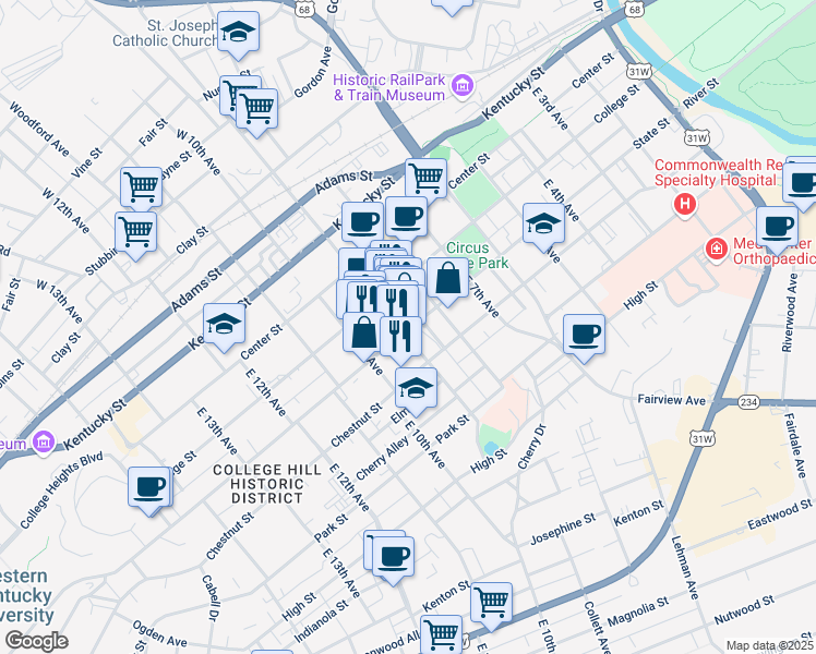 map of restaurants, bars, coffee shops, grocery stores, and more near 446 East Main Avenue in Bowling Green