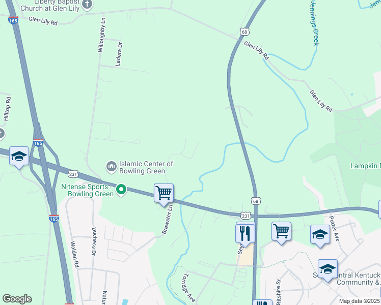 map of restaurants, bars, coffee shops, grocery stores, and more near 225 Walnut Creek Court in Bowling Green
