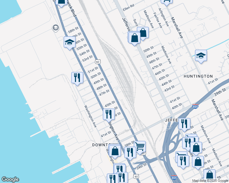 map of restaurants, bars, coffee shops, grocery stores, and more near 4604 Warwick Boulevard in Newport News