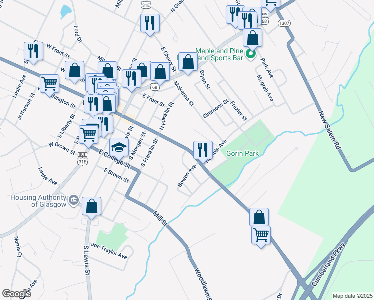 map of restaurants, bars, coffee shops, grocery stores, and more near 600-610 E Main St in Glasgow