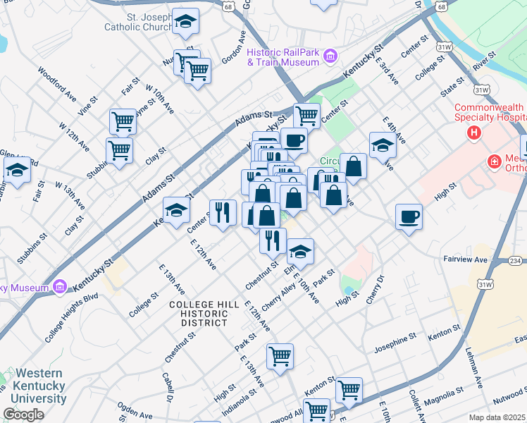 map of restaurants, bars, coffee shops, grocery stores, and more near 415 Park Row in Bowling Green