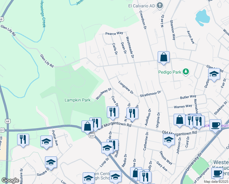map of restaurants, bars, coffee shops, grocery stores, and more near North Sunrise Drive in Bowling Green