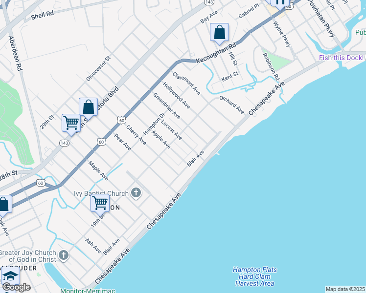 map of restaurants, bars, coffee shops, grocery stores, and more near 55 Locust Avenue in Hampton