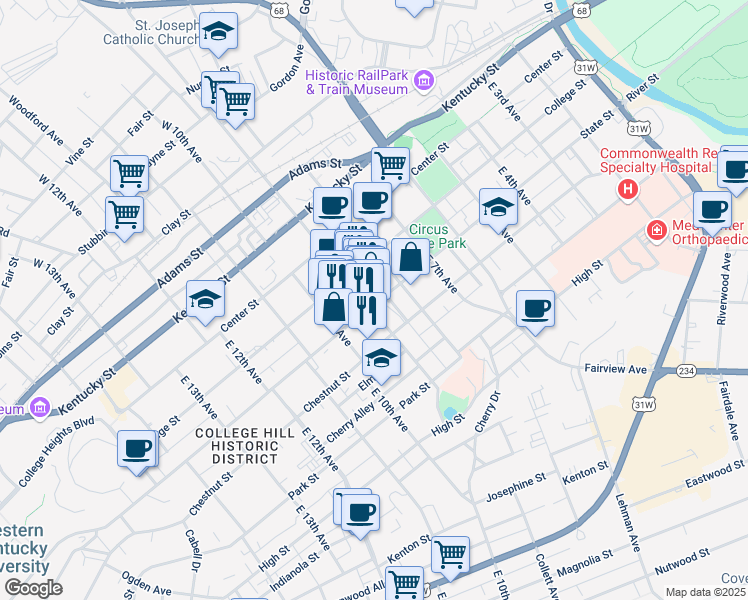 map of restaurants, bars, coffee shops, grocery stores, and more near 446 East Main Avenue in Bowling Green