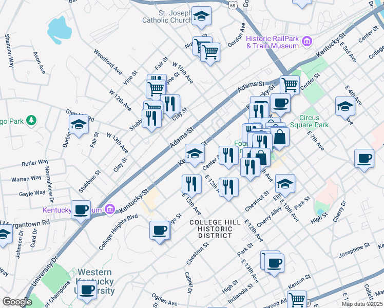 map of restaurants, bars, coffee shops, grocery stores, and more near 1167 Kentucky St in Bowling Green