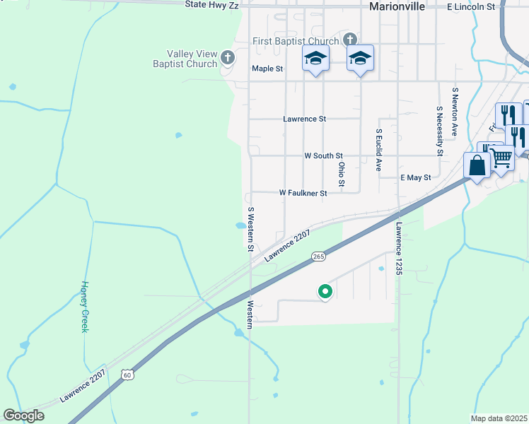 map of restaurants, bars, coffee shops, grocery stores, and more near 712 Western Avenue in Marionville