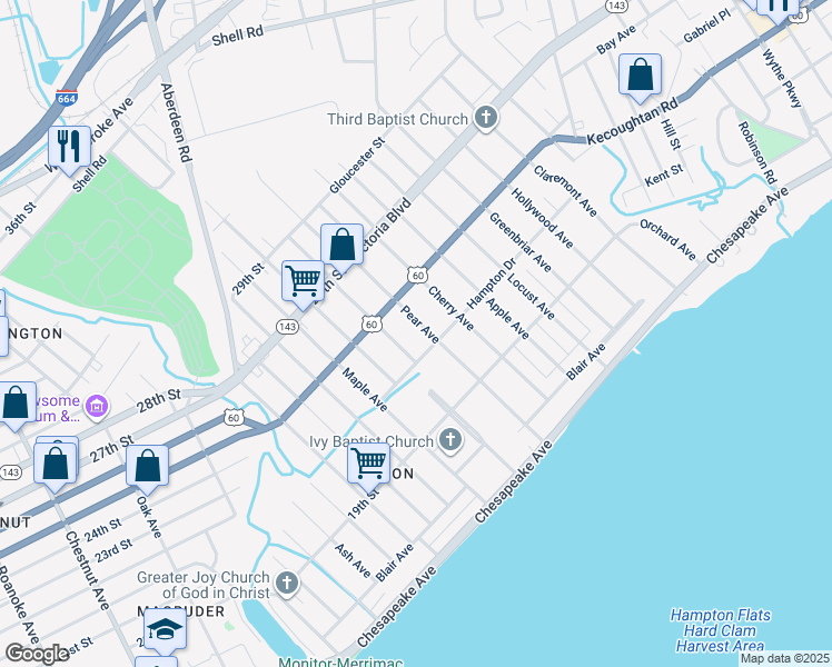 map of restaurants, bars, coffee shops, grocery stores, and more near 209 Pear Avenue in Newport News