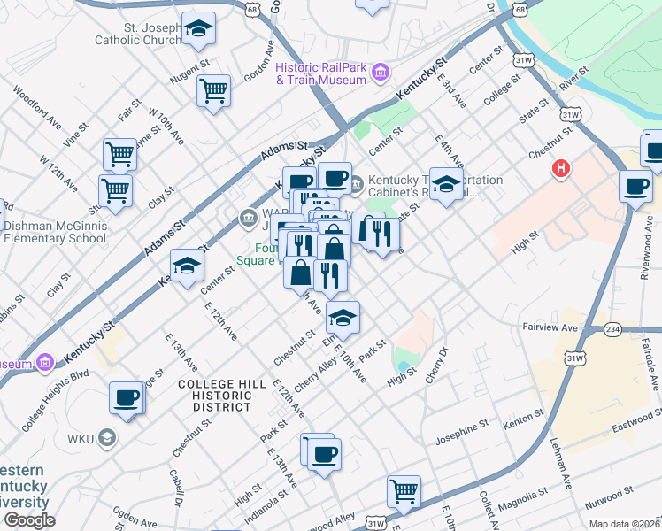 map of restaurants, bars, coffee shops, grocery stores, and more near 446 East Main Avenue in Bowling Green