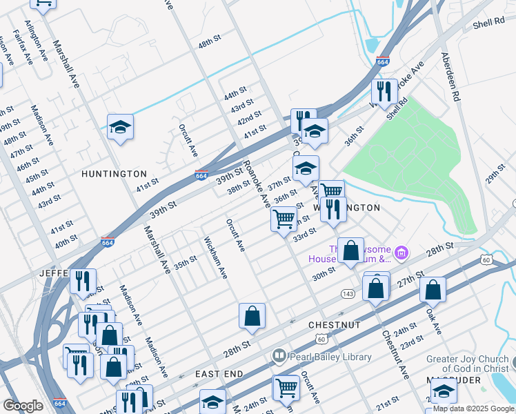 map of restaurants, bars, coffee shops, grocery stores, and more near 1047 36th Street in Newport News