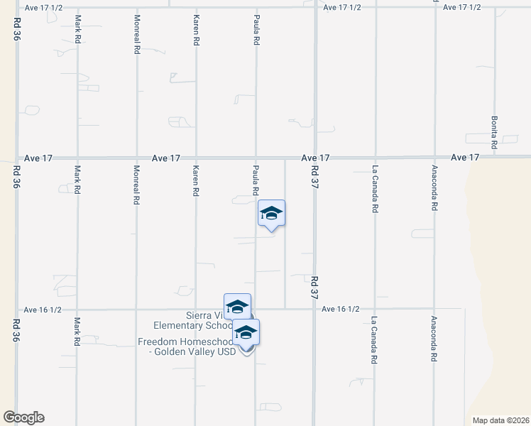 map of restaurants, bars, coffee shops, grocery stores, and more near 16823 Paula Road in Madera