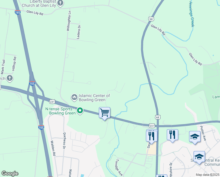 map of restaurants, bars, coffee shops, grocery stores, and more near 419 Walnut Creek Drive in Bowling Green