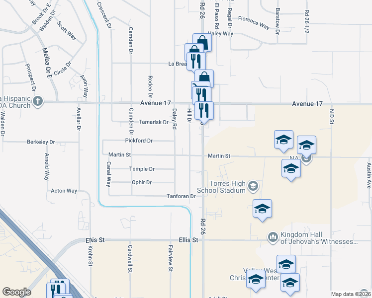 map of restaurants, bars, coffee shops, grocery stores, and more near 16791 Hill Drive in Madera