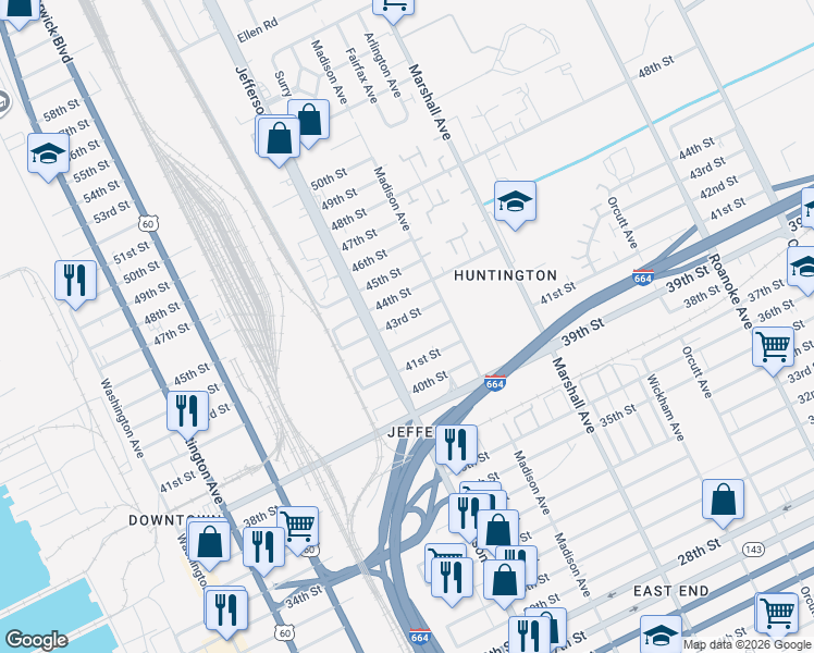 map of restaurants, bars, coffee shops, grocery stores, and more near 633 42nd Street in Newport News