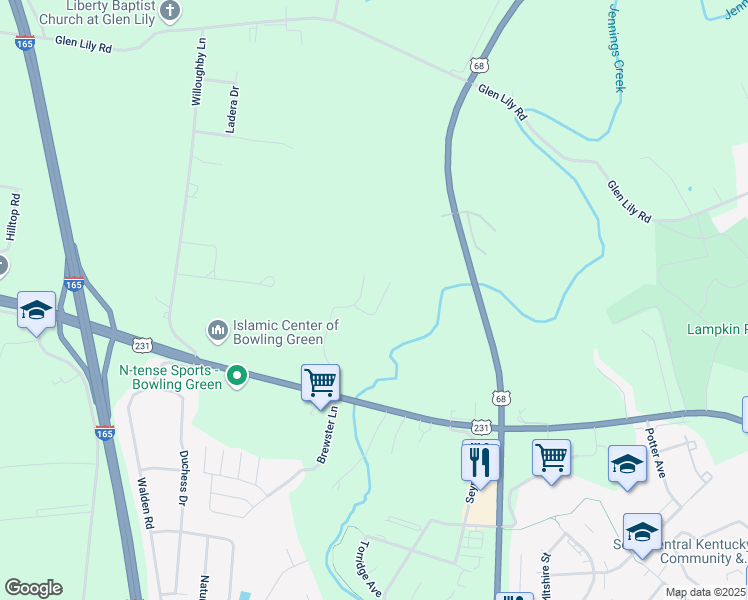 map of restaurants, bars, coffee shops, grocery stores, and more near 225 Walnut Creek Court in Bowling Green