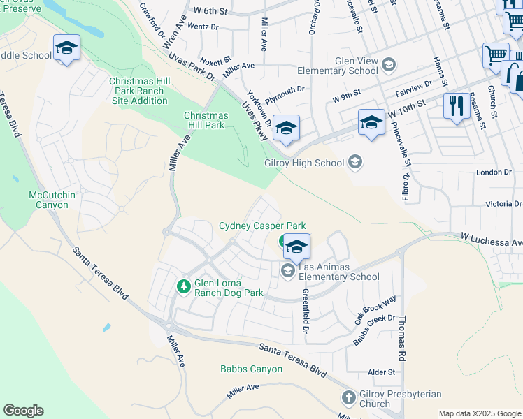 map of restaurants, bars, coffee shops, grocery stores, and more near 6699 Bogiala Way in Gilroy