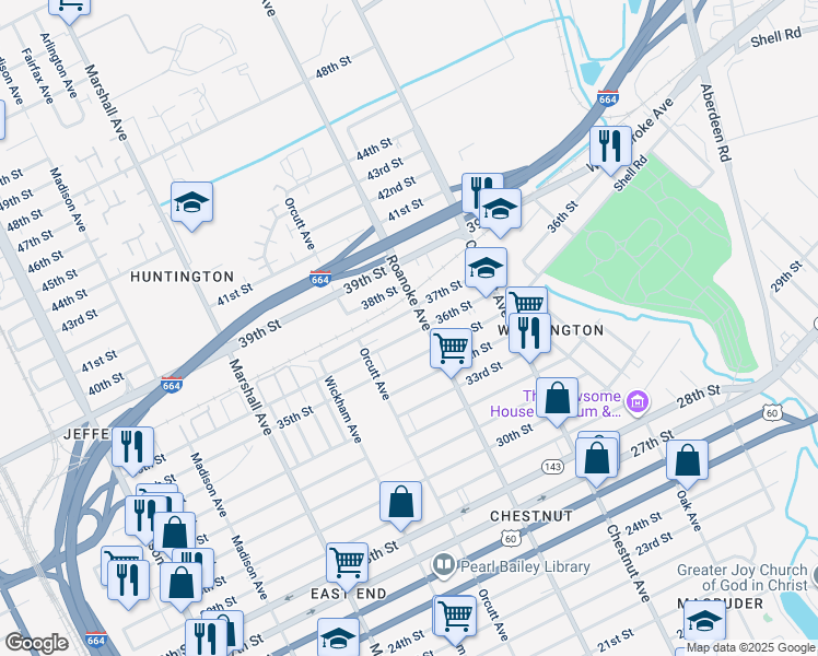 map of restaurants, bars, coffee shops, grocery stores, and more near 1047 36th Street in Newport News
