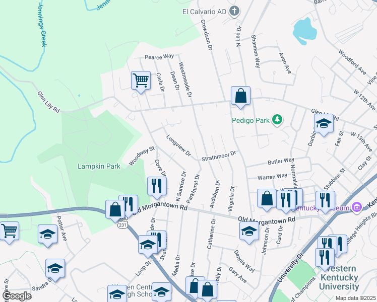 map of restaurants, bars, coffee shops, grocery stores, and more near 1441-1475 Longview Dr in Bowling Green