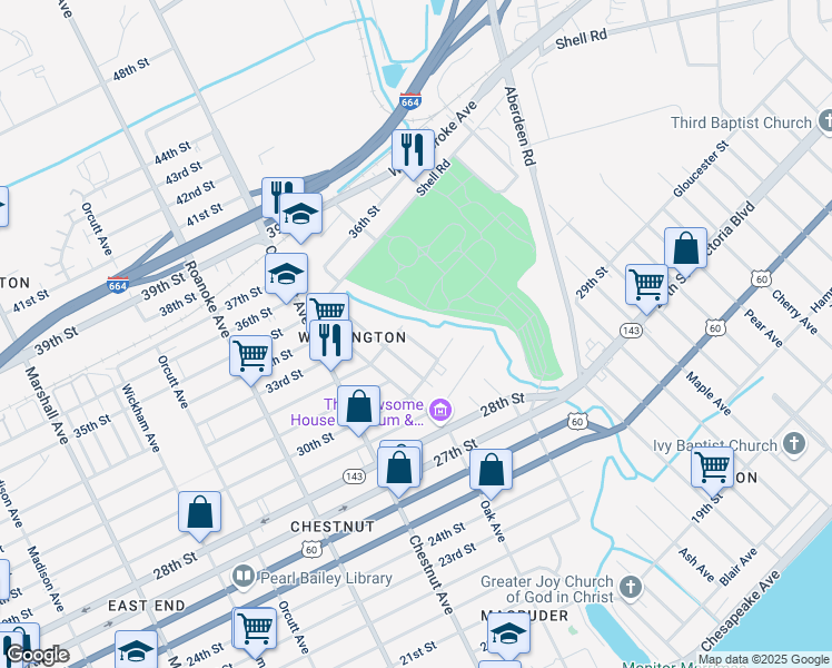 map of restaurants, bars, coffee shops, grocery stores, and more near 3014 Salters Street in Newport News