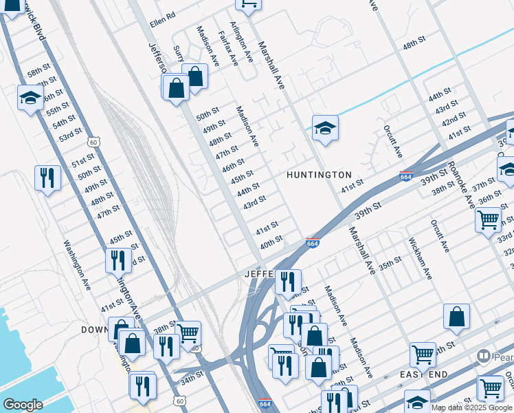map of restaurants, bars, coffee shops, grocery stores, and more near 633 42nd Street in Newport News