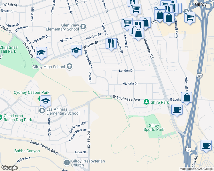 map of restaurants, bars, coffee shops, grocery stores, and more near 6595 Princevalle Street in Gilroy