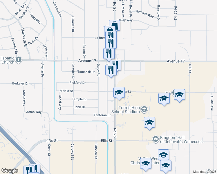 map of restaurants, bars, coffee shops, grocery stores, and more near 16791 Hill Drive in Madera