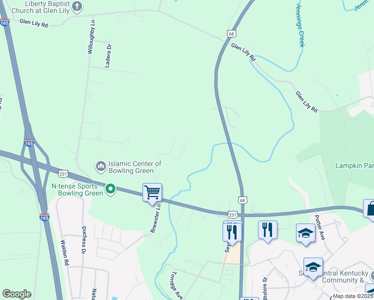 map of restaurants, bars, coffee shops, grocery stores, and more near 254 Walnut Creek Court in Bowling Green