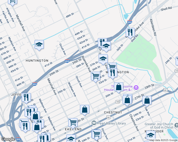 map of restaurants, bars, coffee shops, grocery stores, and more near 3601 Roanoke Avenue in Newport News