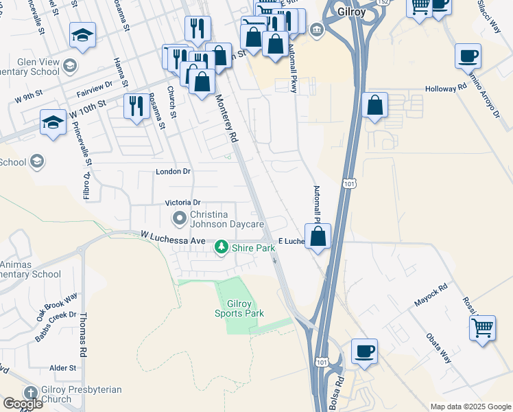 map of restaurants, bars, coffee shops, grocery stores, and more near 6415 Monterey Road in Gilroy