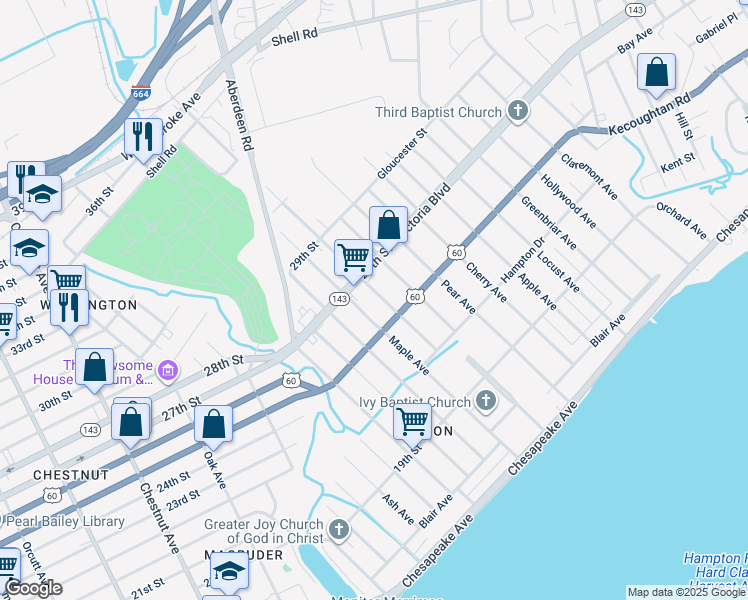 map of restaurants, bars, coffee shops, grocery stores, and more near 316B Maple Avenue in Newport News